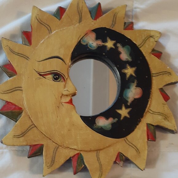 Vintage Wooden Sun and Moon Mirror - Picture 1 of 9